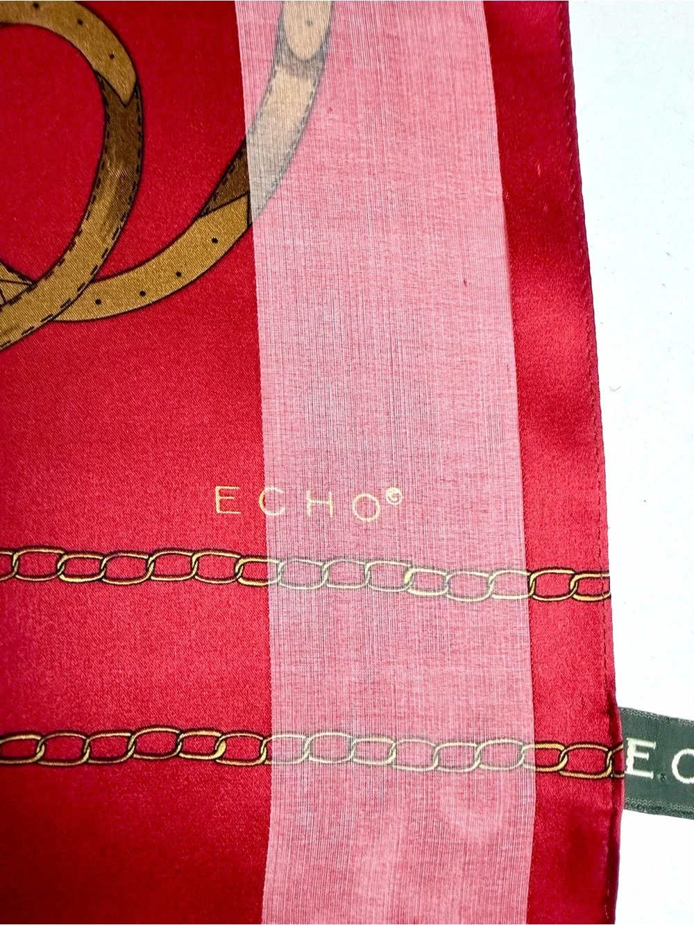 ECHO Silk Scarf Red Burgundy Equestrian Belt Chain Print Chiffon Satin